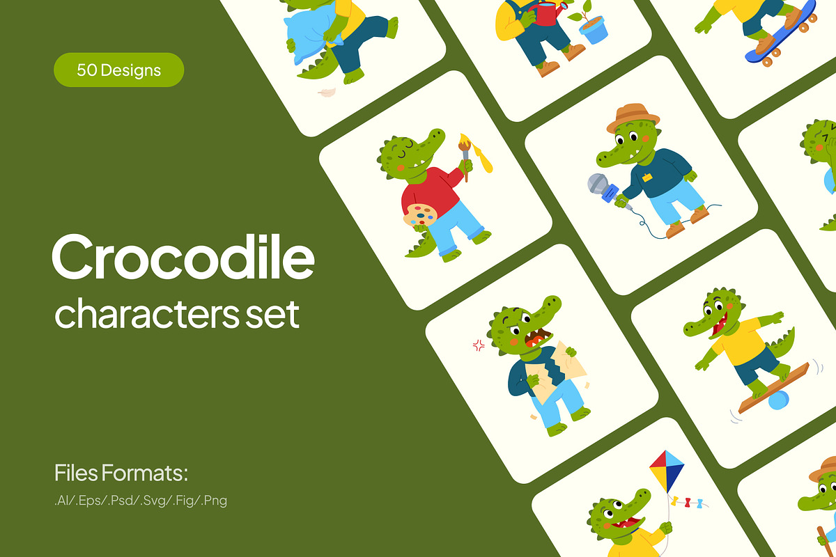 50 Crocodile Flat Characters, an Animal Illustration by Creative Stall (Photo 1 of 11)