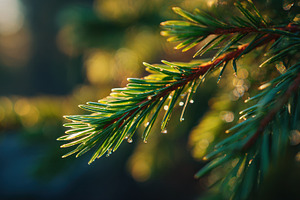 Morning dew on pine tree branches, a Photo by Beautiful things