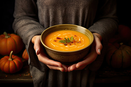 Female hands holding bowl of pumpkin, a Photo by Iftikhar Alam