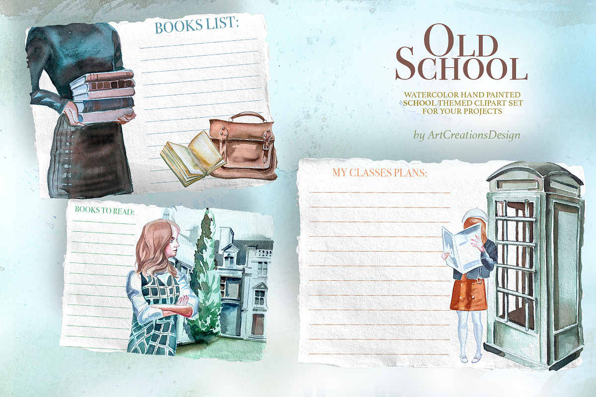 Watercolor Old School Clipart Set, a Seasonal Illustration by ArtCreationsDesign (Photo 15 of 18)