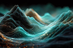 Abstract Teal and Gold Particle Land, a Photo by Pixeness Studio