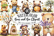 Bear and Bee Watercolor Clipart PNG, a Seasonal Illustration by Designking (Thumbnail 1 of 5)