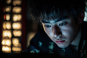 Japanologist. A young man focused on a task, illuminated by soft light. He has, a Person Photo by Textures & Backgrounds