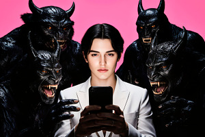 Demons surround a man with a phone., a Holiday Photo by TatsianaSalauyova