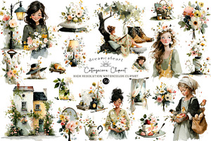 Cottagecore Clipart, Watercolor Girl, an Illustration by DreamCafeArt