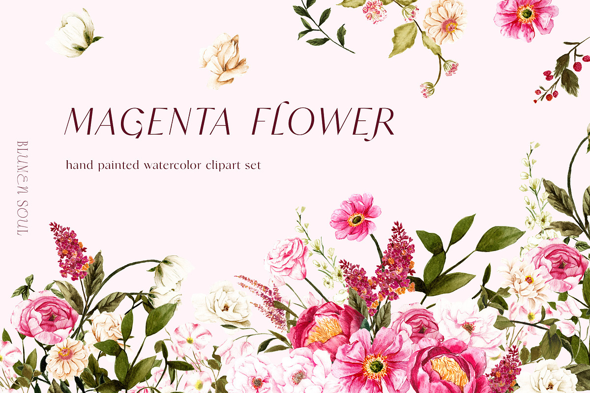 Magenta flowers -watercolor clipart, an Illustration by BlumenSoul (Photo 1 of 8)