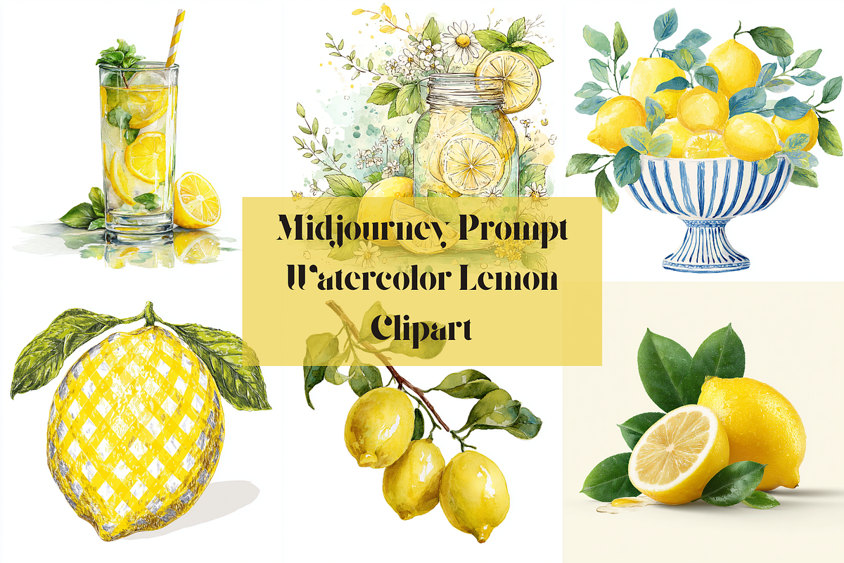 Prompt Watercolor Lemon Clipart, a Decorative Illustration by Creative design (Photo 1 of 7)