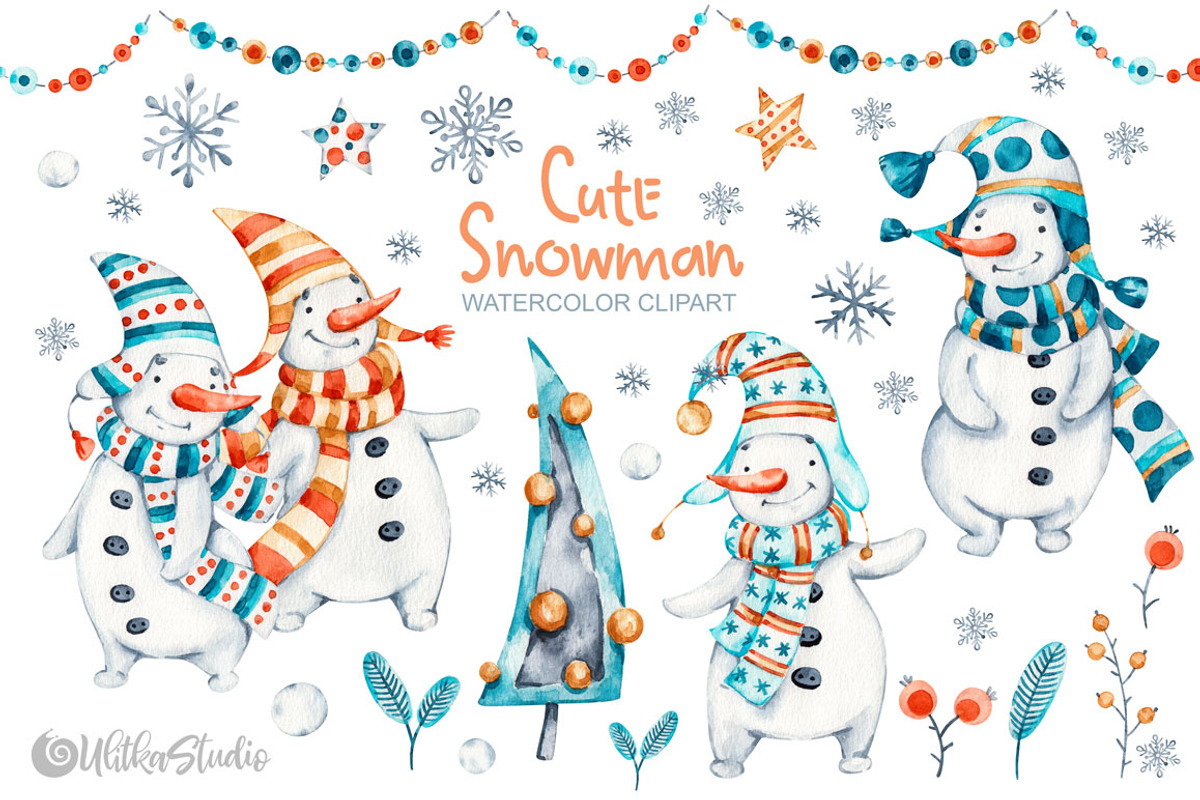 Cute Snowman. Christmas clipart, a Decorative Illustration by UlitkaStudio (Photo 1 of 8)