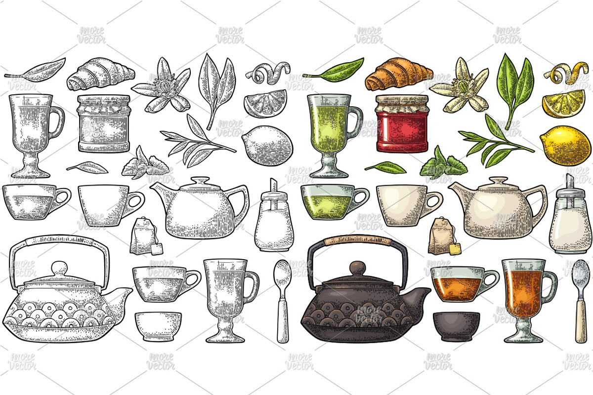 Set tea. Vector engraving, a Food Illustration by MoreVector