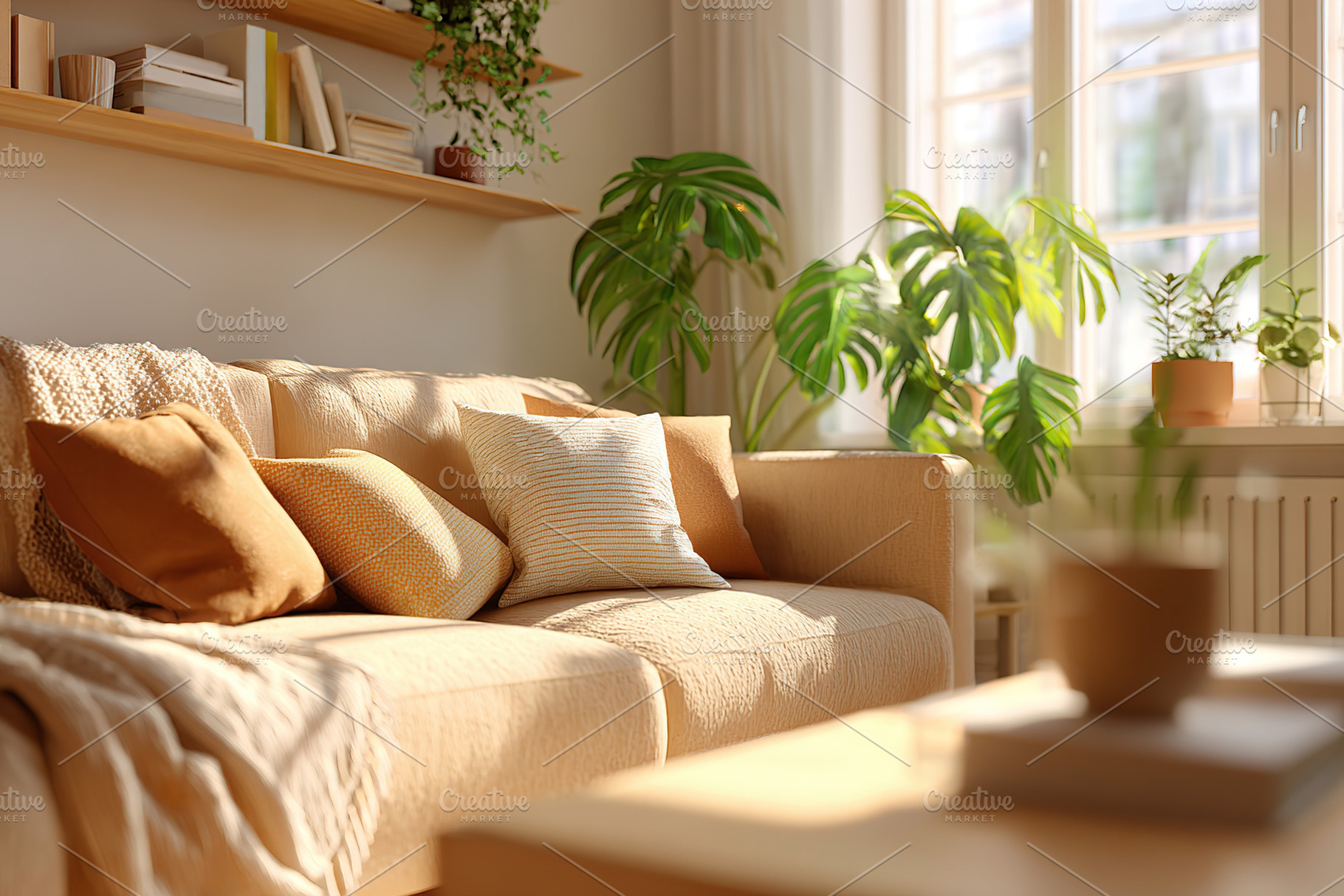 Comfortable living room with beige couch and natural light from large windows, a Photo by AlyaAnd