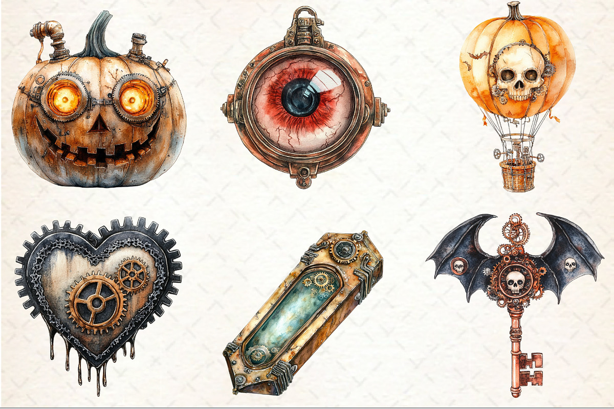 Watercolor Steampunk Halloween Clipa, an Illustration by Rose Art (Photo 2 of 4)