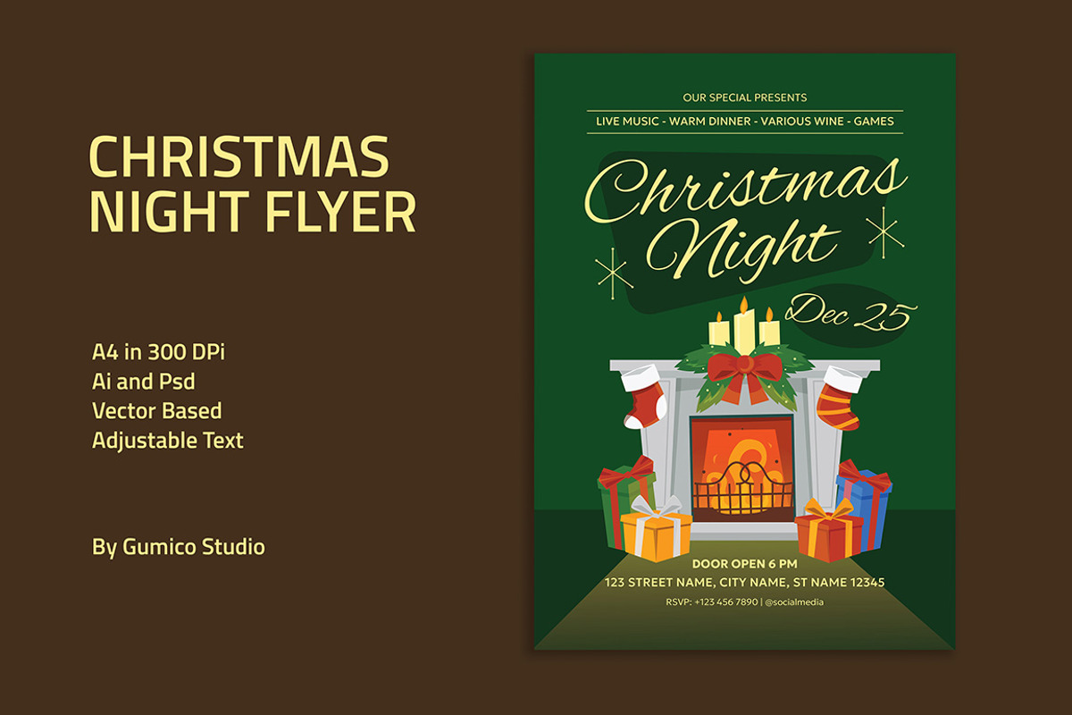 Retro Christmas Night Flyer Template, a Flyer Template by Gumico Studio. (Photo 1 of 3)