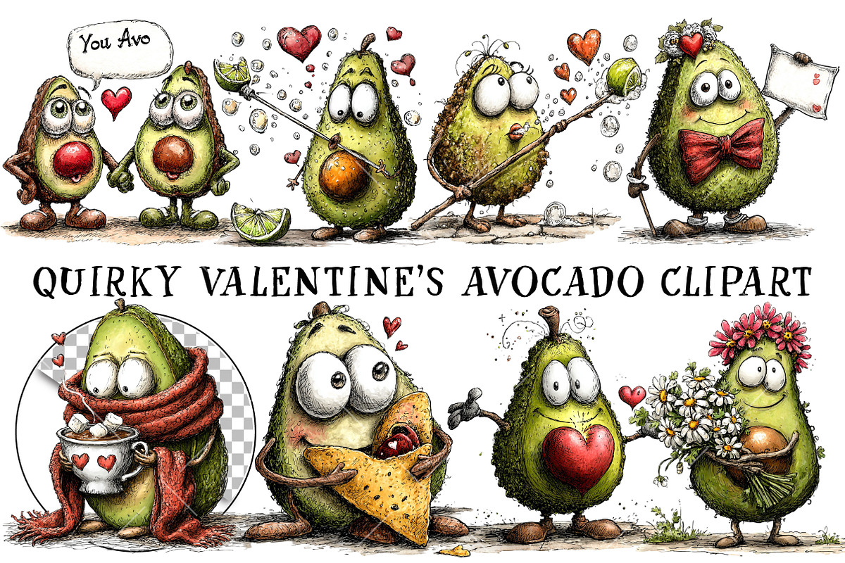 Quirky Valentine's Avocado Clipart, an Illustration by OK Design (Photo 2 of 6)