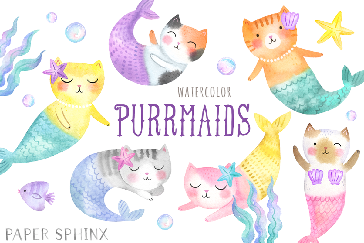 Watercolor Cat Mermaid Clipart, an Illustration by PaperSphinx (Photo 1 of 2)