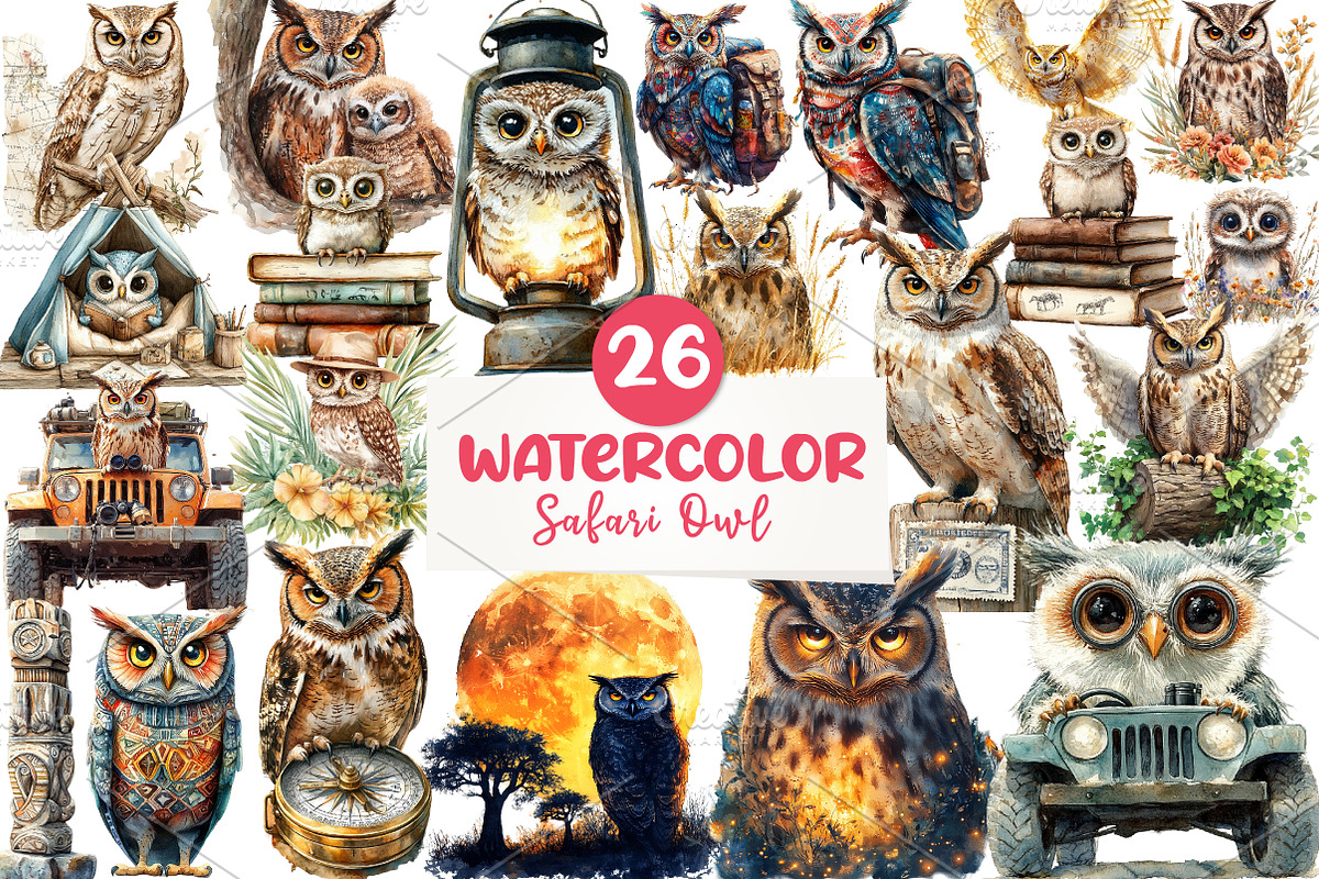 Watercolor Safari Owl Clipart, an Illustration by CreationArt (Photo 1 of 5)