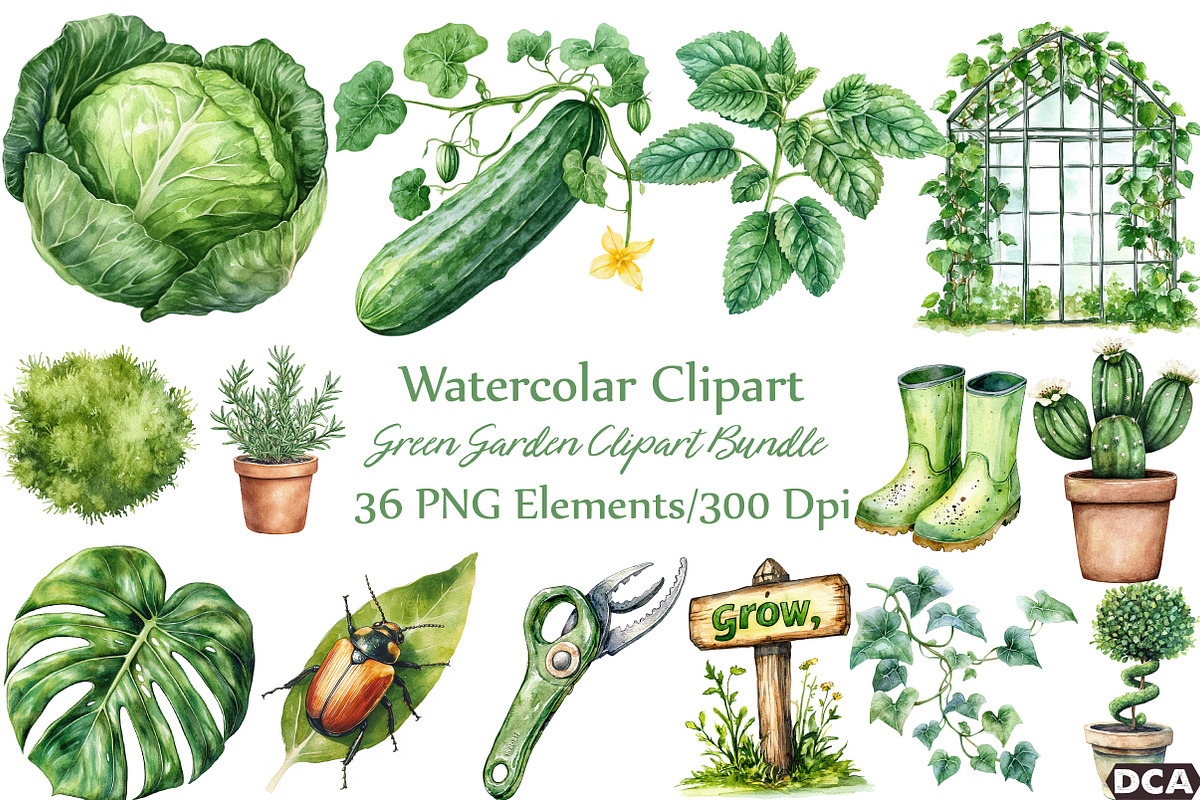 Watercolor Green Garden Clipart, an Illustration by DreamCafeArt (Photo 1 of 7)