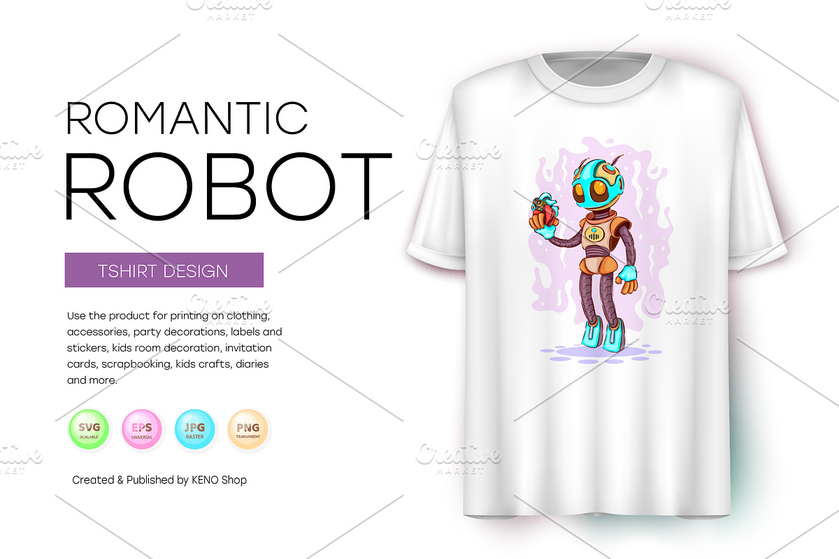 Romantic cartoon robot, Tshirt, PNG., an Animal Illustration by KENO Mascots (Photo 5 of 6)