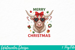 Funny Cow Merry Christmas PNG, an Illustration by Watercolor design
