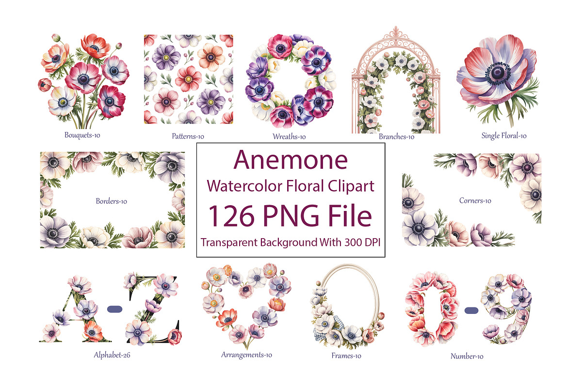 Anemone Watercolor Floral Clipart, a Decorative Illustration by ForhadGFX (Photo 2 of 14)