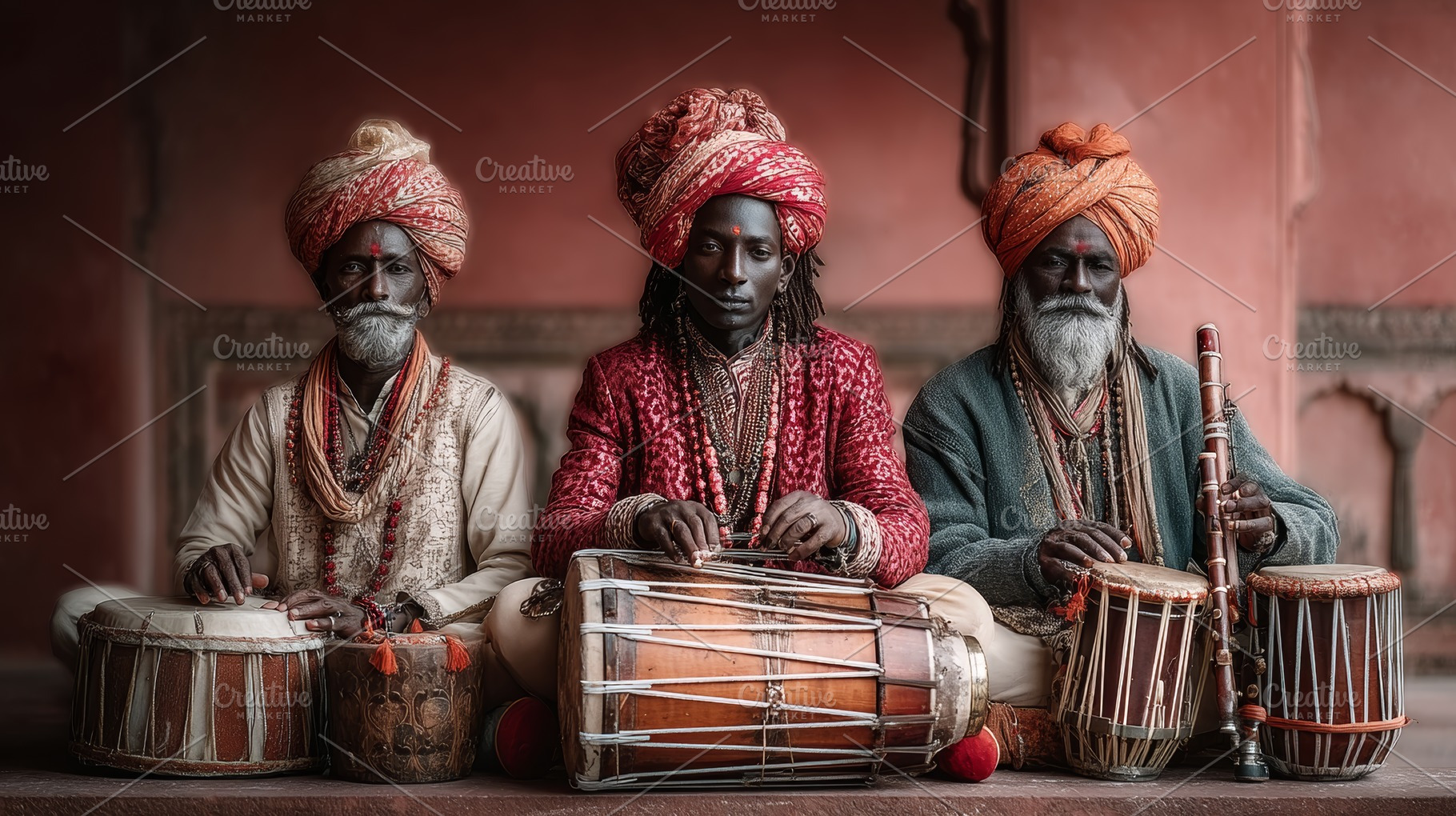 Traditional musicians in vibrant attire playing Indian drums and wind instrumen, a Photo by AS photostudio