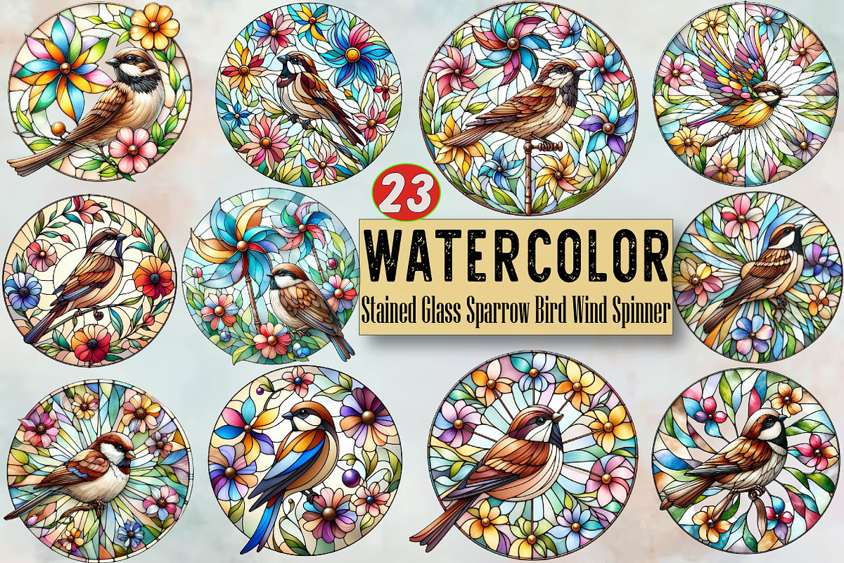Stained Glass Sparrow Bird Wind Spin, an Illustration by SVGArt