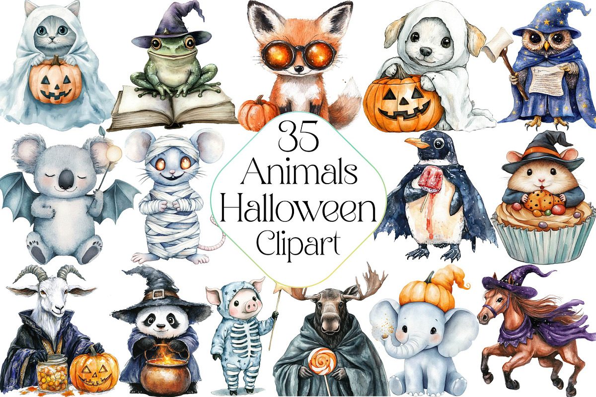 Watercolor Halloween Animals Clipart, an Illustration by DreamPrint404 (Photo 1 of 5)