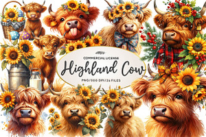 Watercolor Sunflower Highland Cow, an Illustration by CreationArt