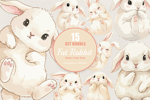 15 Bundle Watercolor Fat Rabbit Baby