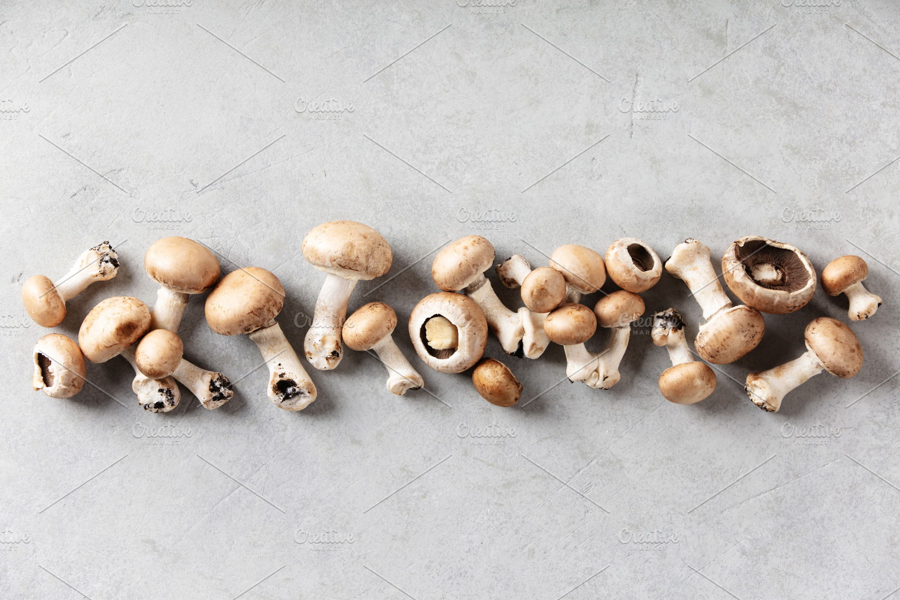 Fresh Brown Mushrooms with Moss on Light Gray Background, a Food & Drink Photo by Natalia Klenova's Shop