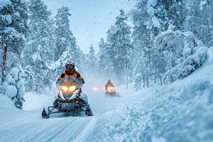 Snowmobile adventure through snowy f, a Photo by Pixeness Studio