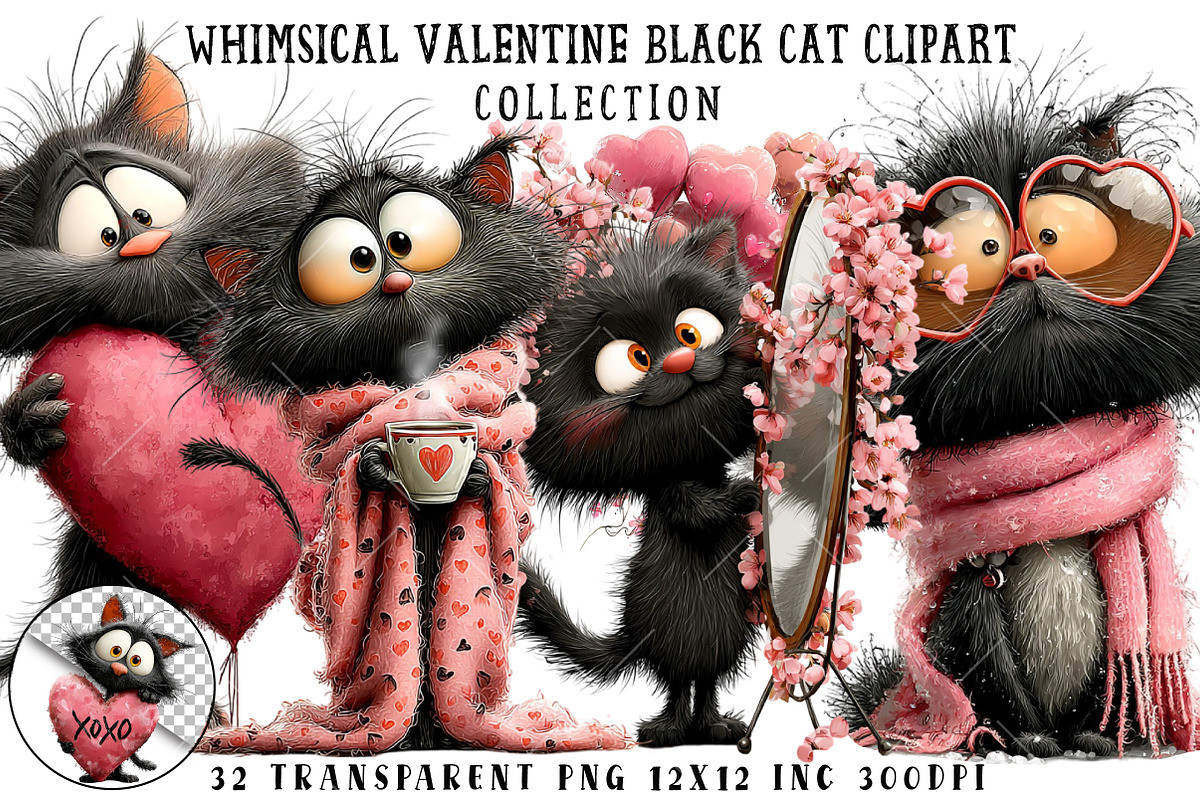Whimsical Valentine Black Cat Clipar, an Illustration by OK Design (Photo 1 of 6)