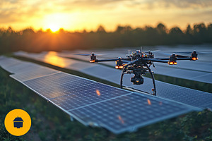 Drone flying over solar panels at su, a Photo by Tanuart