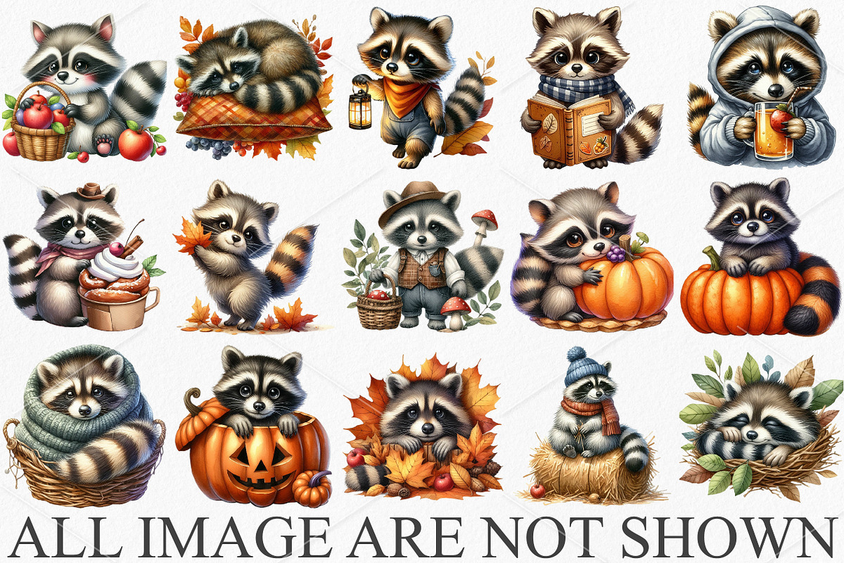 Watercolor Autumn Raccoons Clipart, an Illustration by Canvas Craft (Photo 4 of 7)