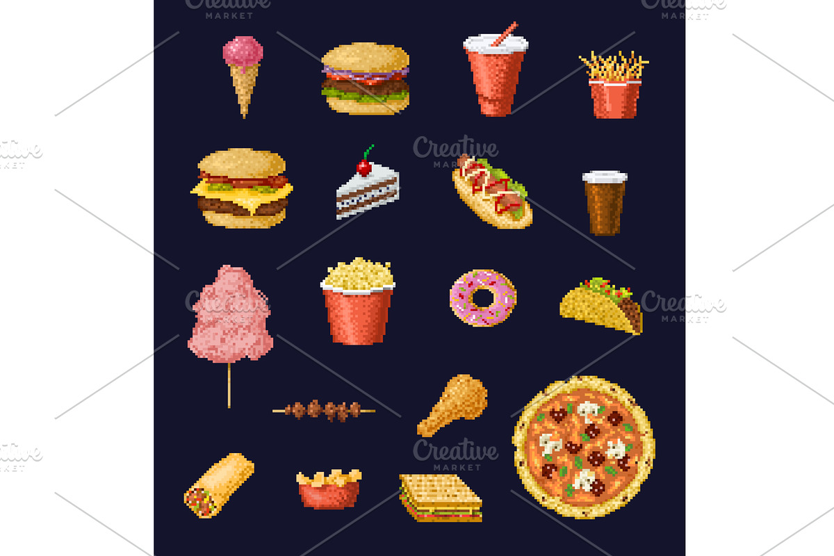 8 bit pixel art fast food and drinkы, a Food Illustration by Buch&Bee