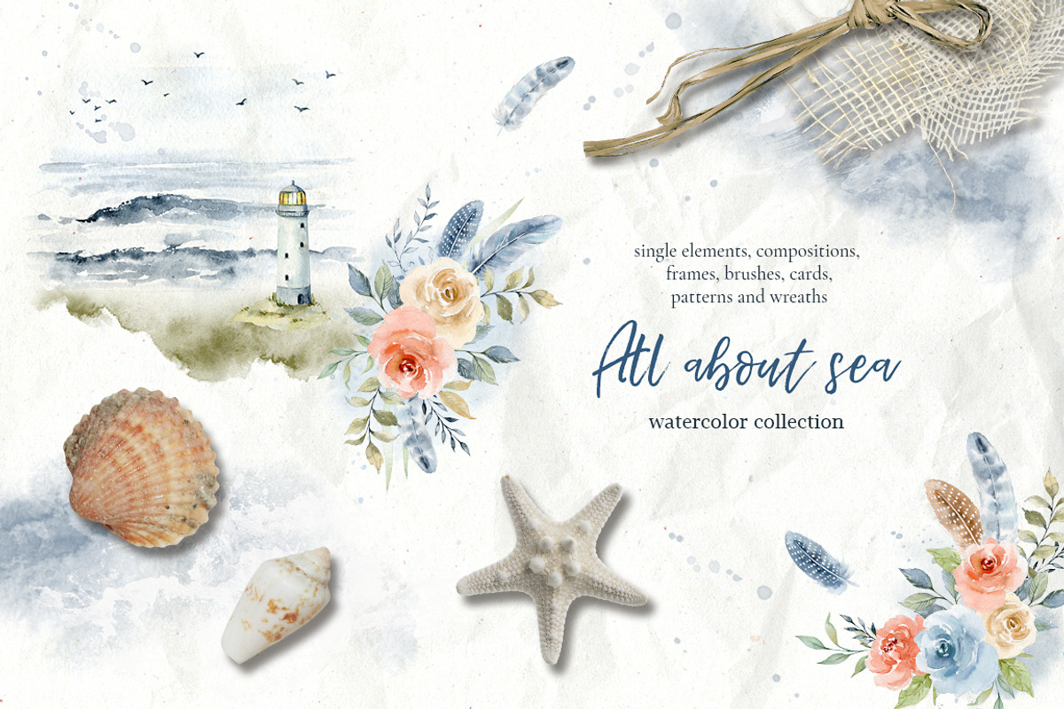 All about sea - watercolor clipart, a Decorative Illustration by long summer (Photo 1 of 13)