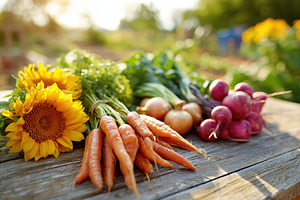 Freshly picked vegetables and flowers displayed on a rustic garden table, a Food & Drink Photo by AlyaAnd