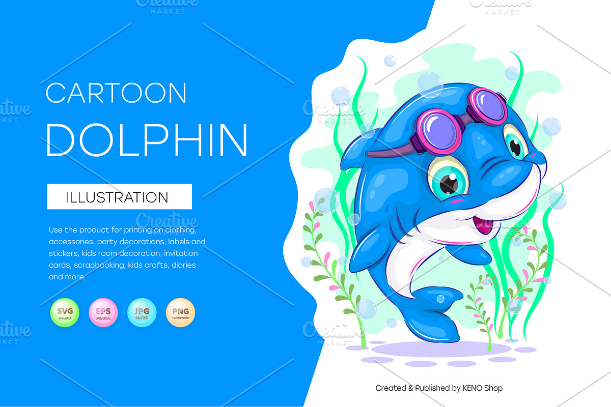 Cute cartoon dolphin, Tshirt, PNG., an Animal Illustration by KENO Mascots (Photo 1 of 6)