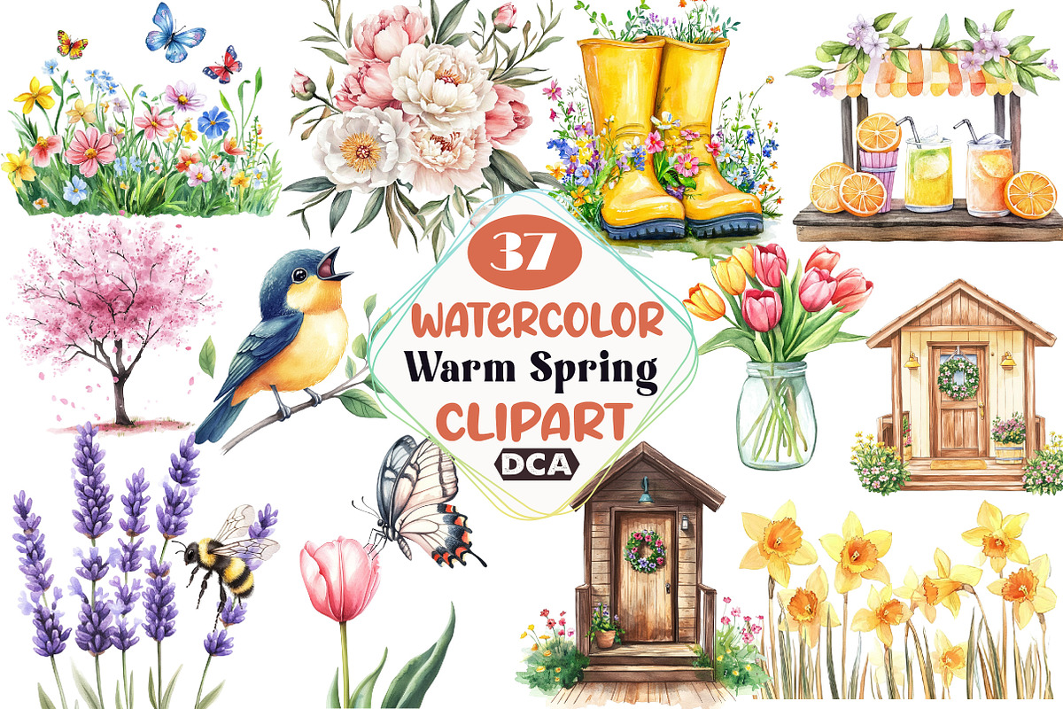 Watercolor Warm Spring Clipart, an Illustration by DreamCafeArt (Photo 1 of 3)