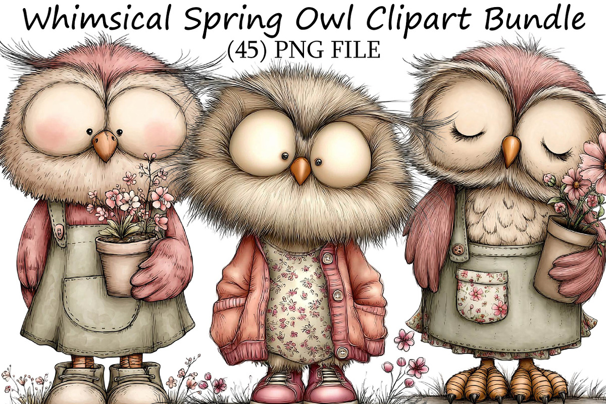 Whimsical Spring Owl Clipart Bundle, an Illustration by DreamPrint404 (Photo 1 of 6)
