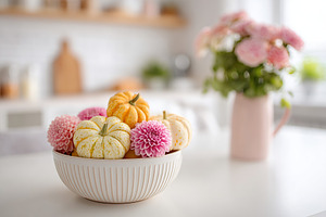 Colorful pumpkins and flowers create a cozy autumn atmosphere in a bright kitch, a Holiday Photo by AlyaAnd