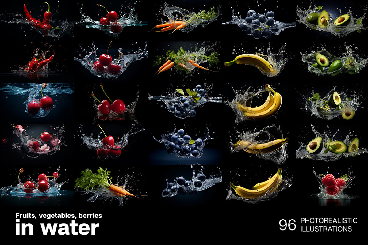 Fruits and vegetables in water, an Object Graphic by Handmadefont (Photo 2 of 11)