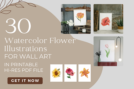 30 Watercolor Flowers Printable PDF, a Poster Template by Image for Sale
