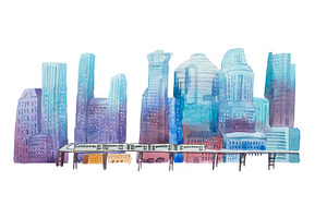 Aquarelle Drawings Cityscape Skyline Downtown Watercolor Illustration.