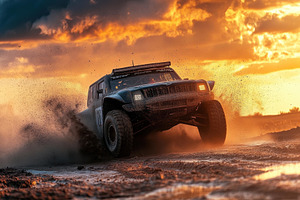 Off-road vehicle racing at sunset wi, a Photo by Tanuart