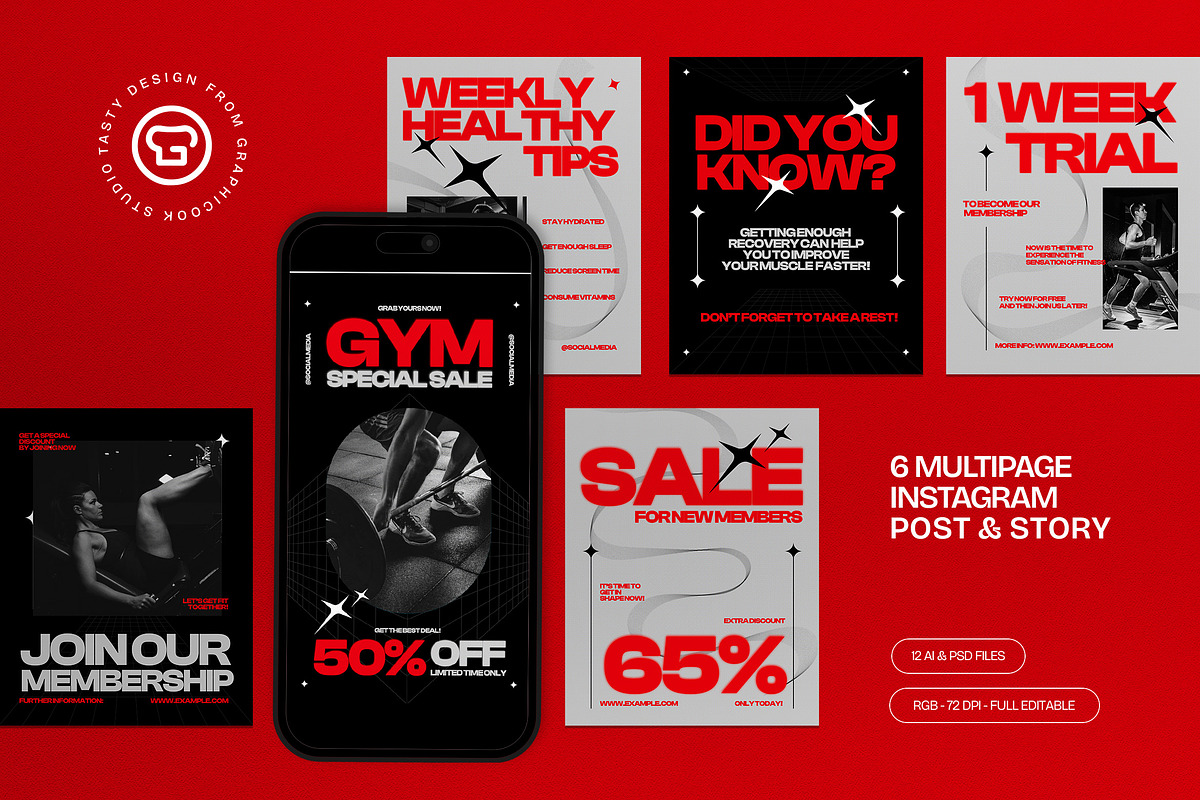 Gym Instagram Set, a Social Media Template by graphicook