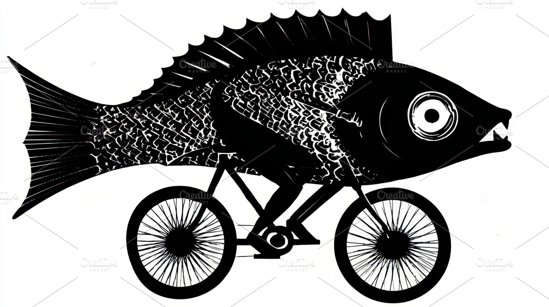 Fish rides bicycle in strange art, a Photo by Beautiful things
