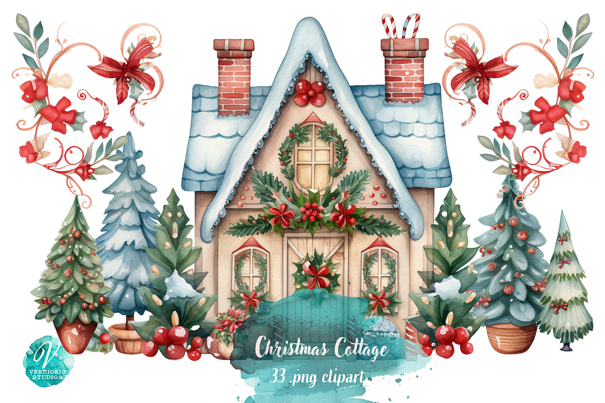 Watercolor Christmas Cottages, a Seasonal Illustration by Verdigris Studios (Photo 1 of 5)
