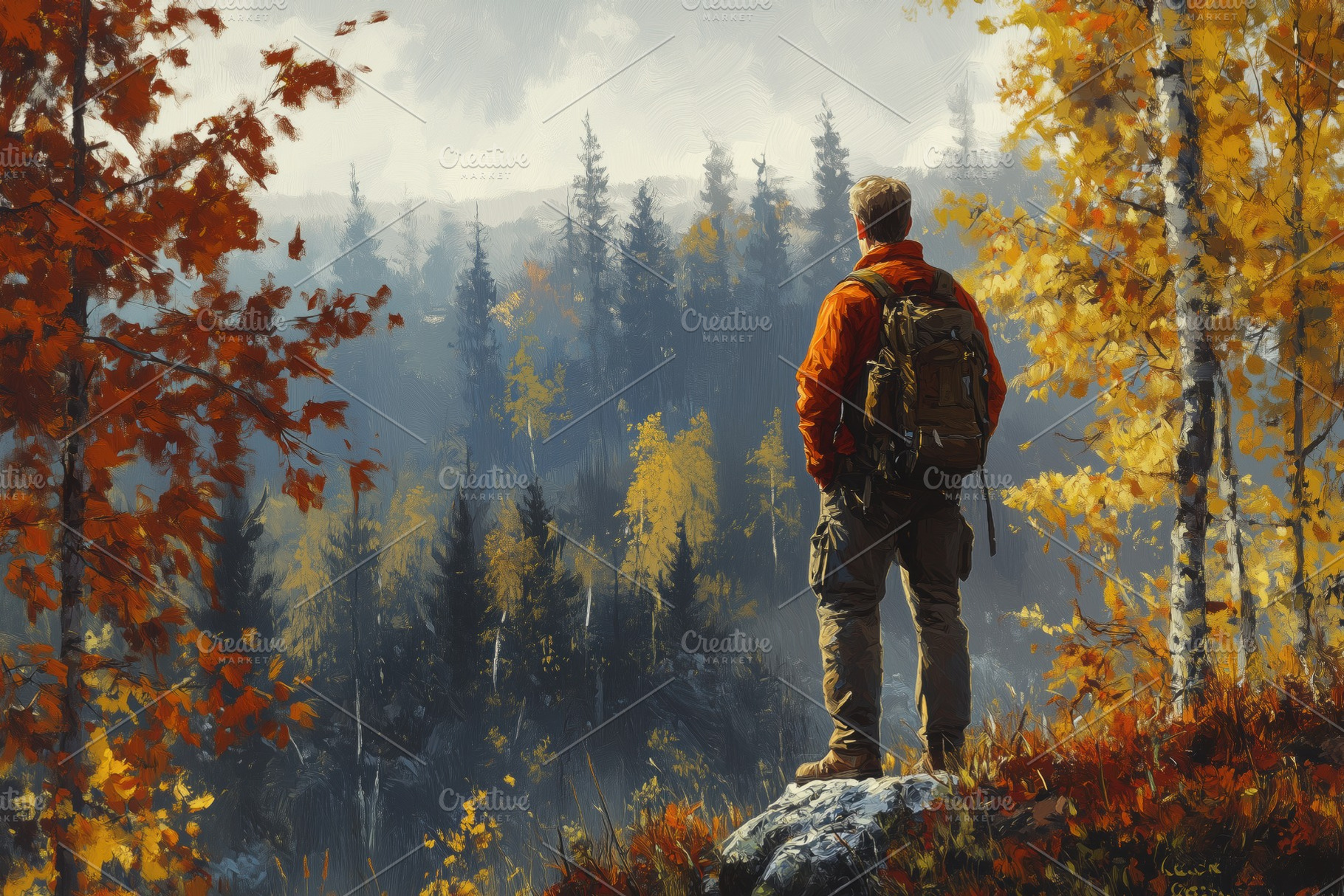 A lone forester hiker stands on a rock, overlooking a misty forest filled with, a Person Photo by Textures & Backgrounds