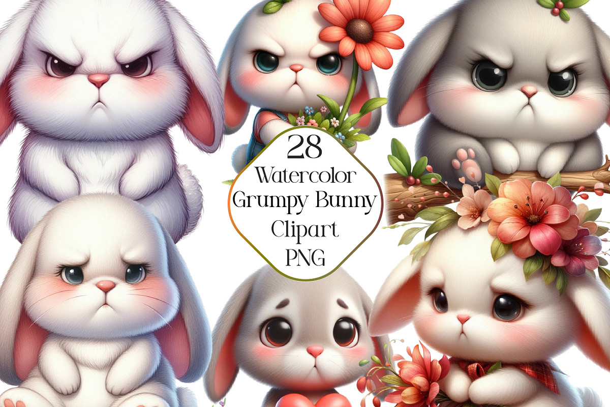 Watercolor Funny Grumpy Bunny PNG, an Illustration by CraftArtStudio (Photo 1 of 5)