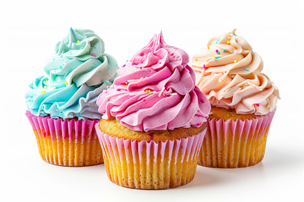 Tasty cupcakes with butter cream on white background, a Food & Drink Photo by AlyaAnd